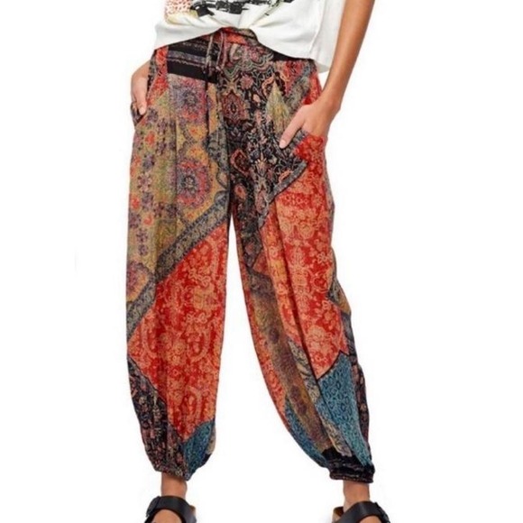 Free People Pants Begonia Women XS Harem Balloon Boho Paisley Black Orange - Picture 2 of 14